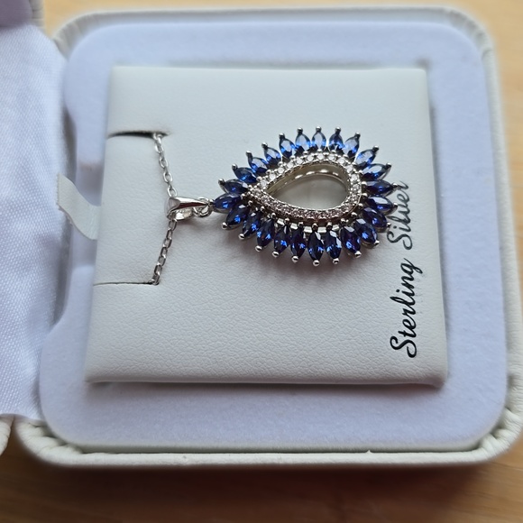 STERLING SILVER FINE JEWELRY CUBIC ZIRCONIA BLUE PENDANT NECKLACE - Picture 6 of 12